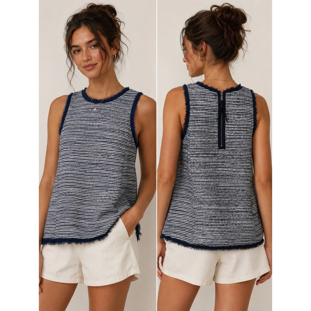 Vanessa Virginia Anthropologie Navy White Stripedโ Fringe Sleeveless Top Shell M